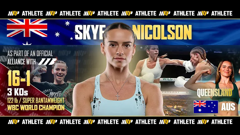Skye Nicolson signing graphic showing her 16-1 record, WBC super bantamweight world champion title and Queensland, Australia origin